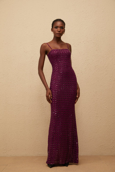 Aurohaya Térébenthine Purple Rhinestone Mesh Maxi Dress
