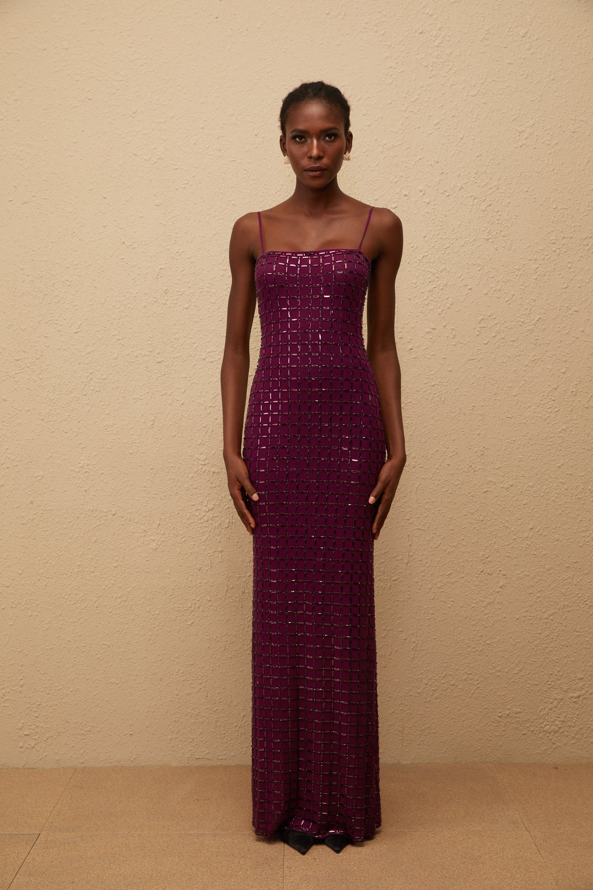 Aurohaya Térébenthine Purple Rhinestone Mesh Maxi Dress
