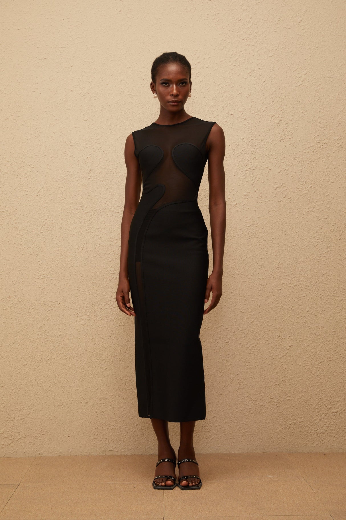 Aurohaya Cyrielle Black Mesh Panel Knit Maxi Dress