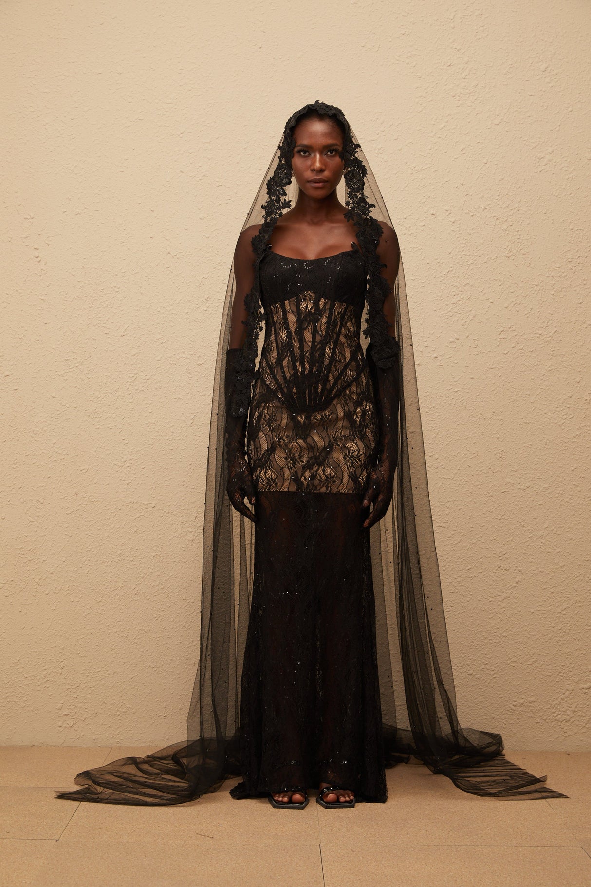 Aurohaya Bertille Black Floral Lace Corset Maxi Dress