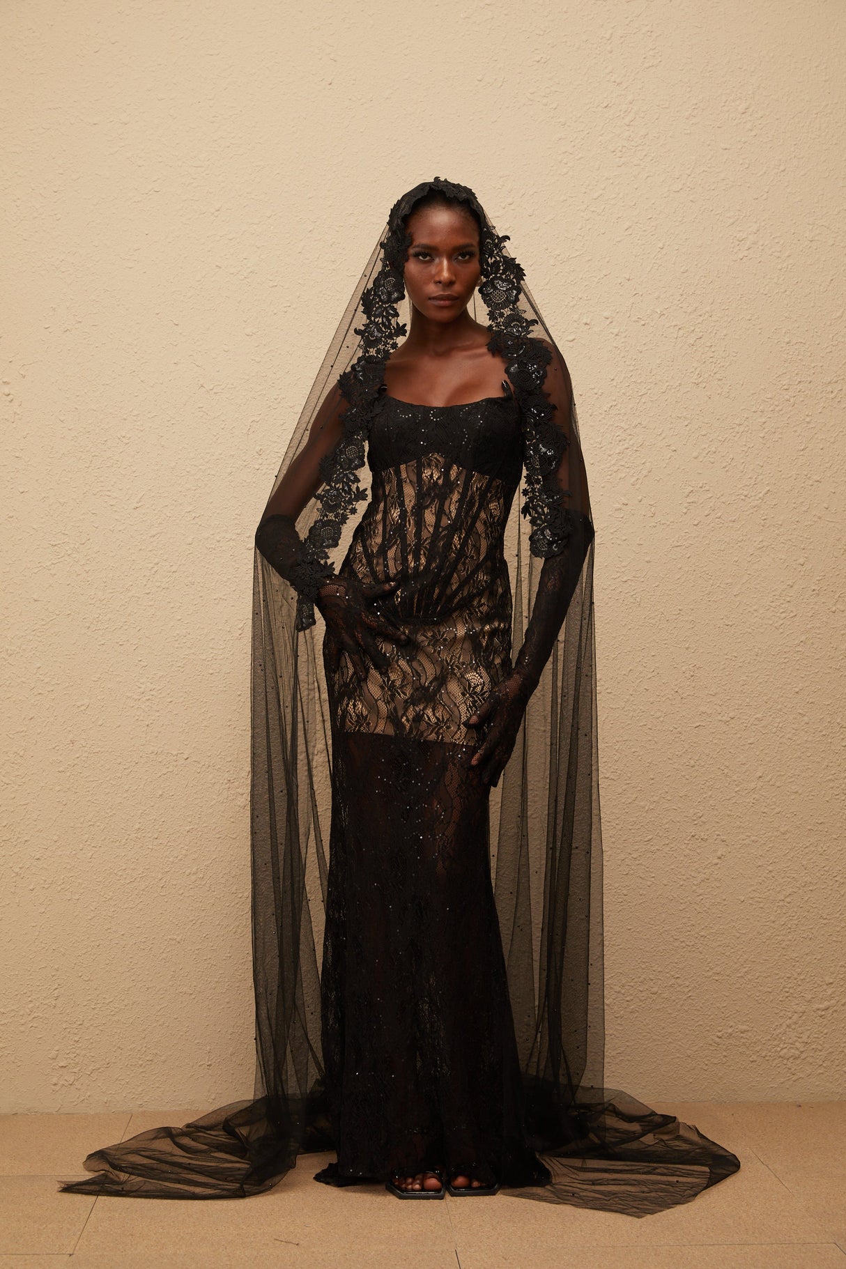 Aurohaya Bertille Black Floral Lace Corset Maxi Dress