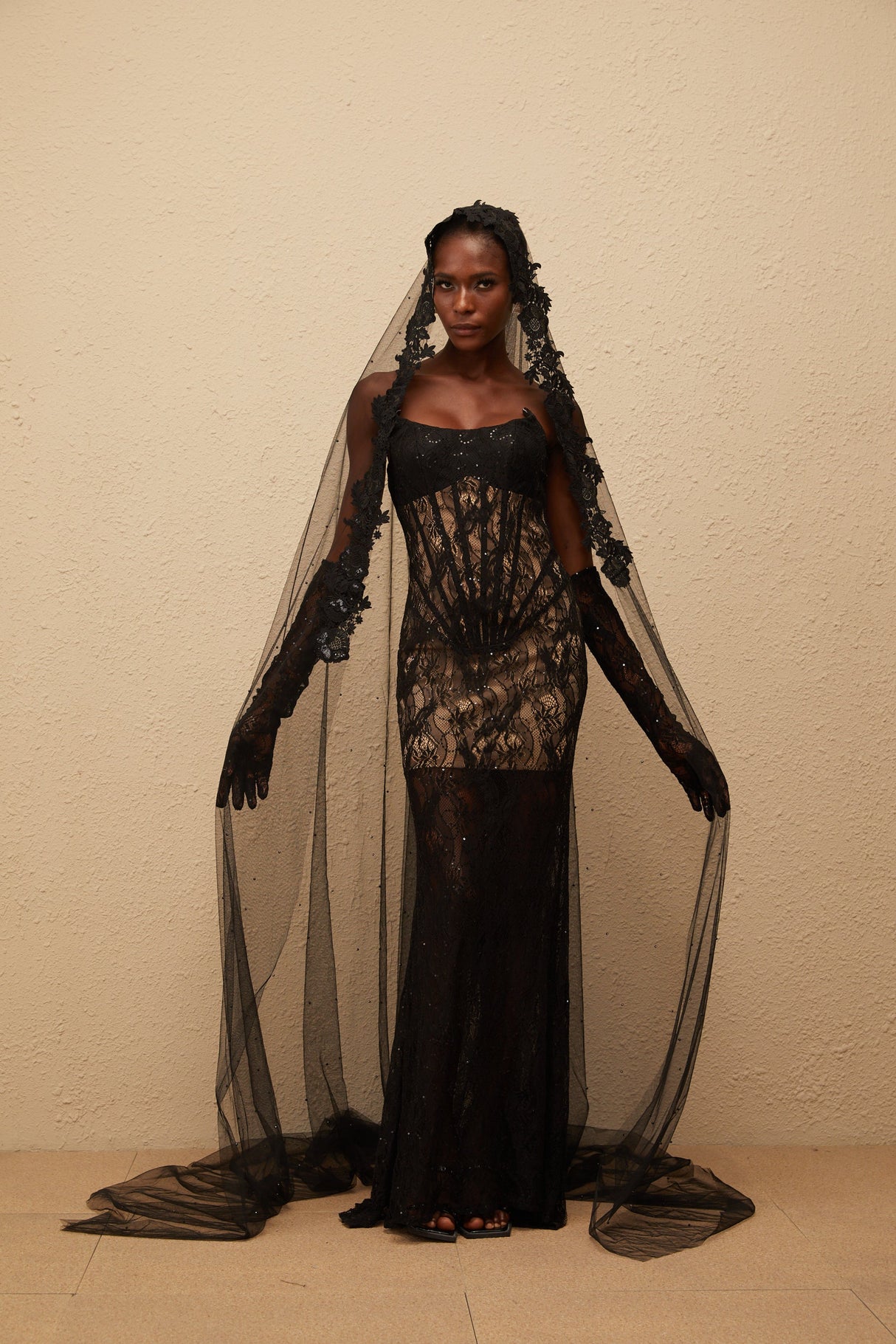 Aurohaya Bertille Black Floral Lace Corset Maxi Dress