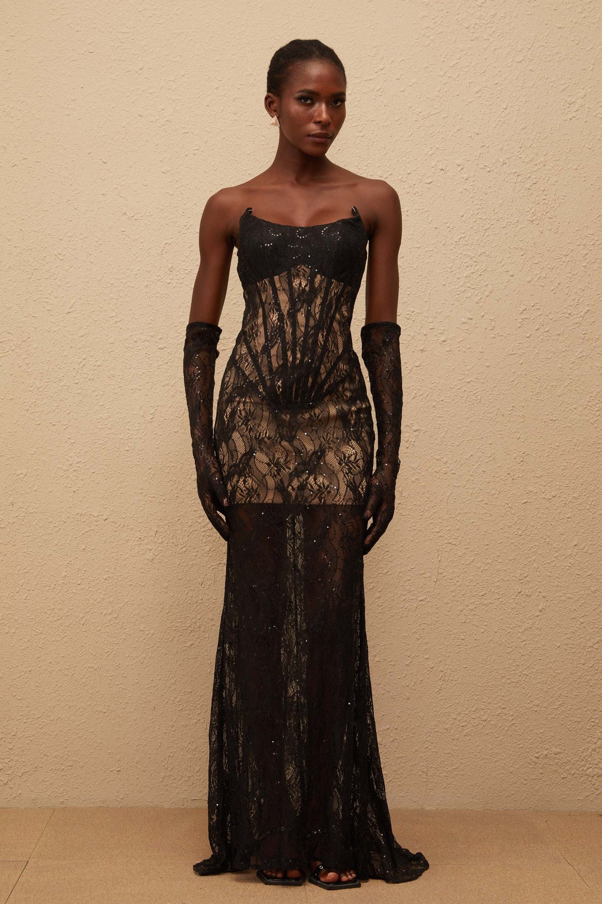 Aurohaya Bertille Black Floral Lace Corset Maxi Dress