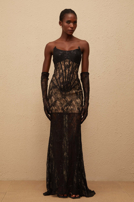 Aurohaya Bertille Black Floral Lace Corset Maxi Dress