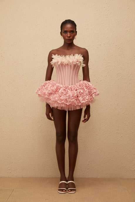 Aurohaya Rachel Pink 3D Petal Tulle Mini Dress