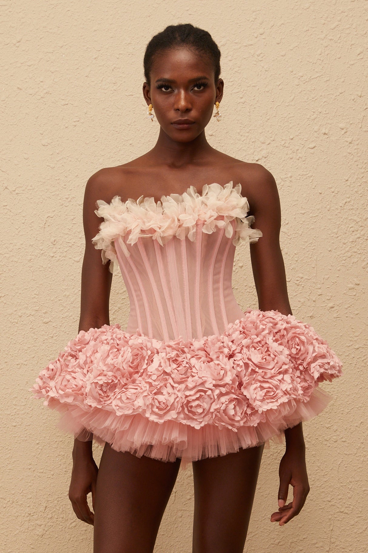 Aurohaya Rachel Pink 3D Petal Tulle Mini Dress