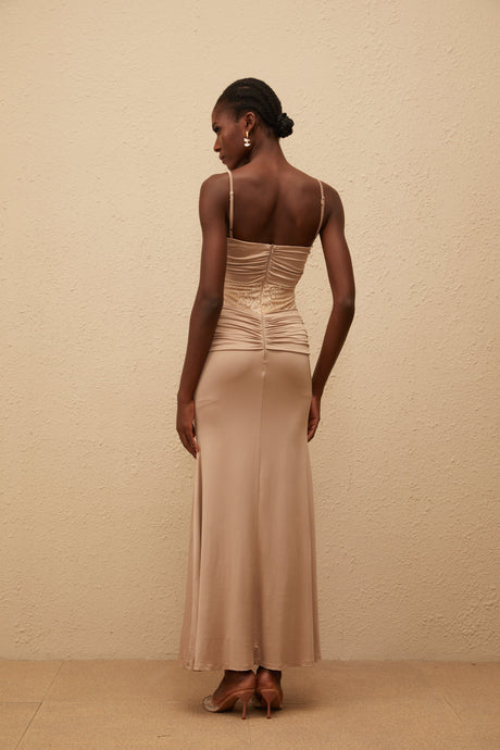 Aurohaya Nevaeh Khaki Twisted Lace Panel Maxi Dress
