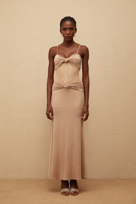 Aurohaya Nevaeh Khaki Twisted Lace Panel Maxi Dress