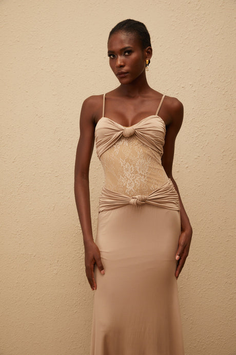 Aurohaya Nevaeh Khaki Twisted Lace Panel Maxi Dress