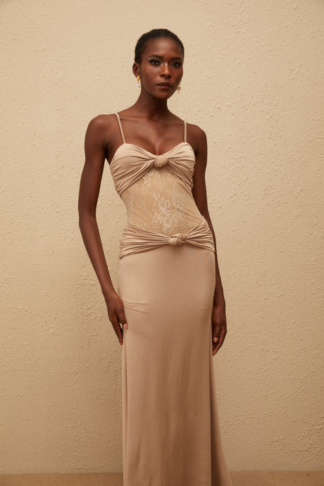 Aurohaya Nevaeh Khaki Twisted Lace Panel Maxi Dress