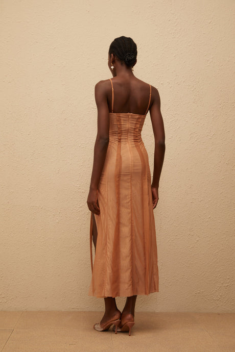 Aurohaya Roxane Brown Asymmetrical Tulle Maxi Dress