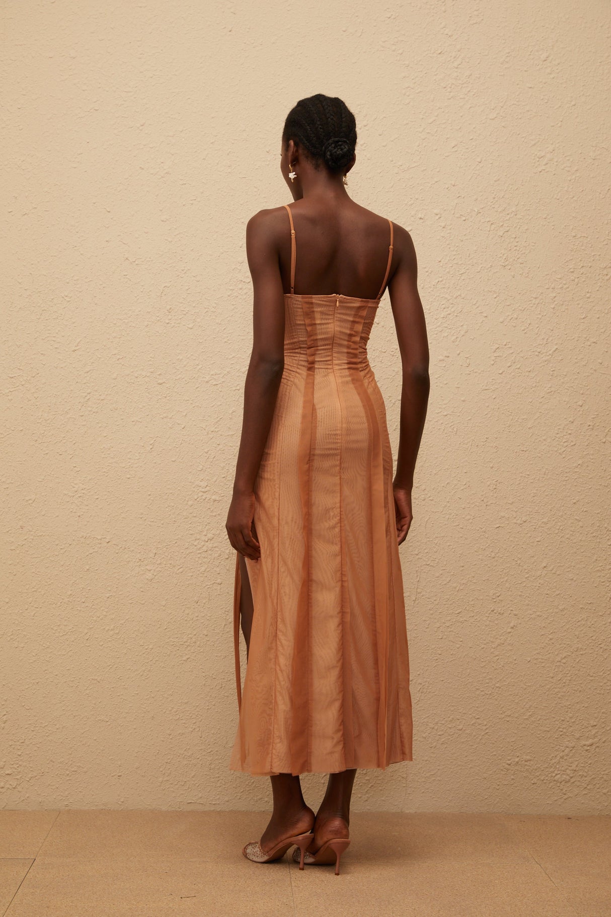 Aurohaya Roxane Brown Asymmetrical Tulle Maxi Dress