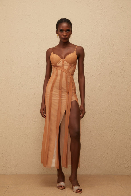 Aurohaya Roxane Brown Asymmetrical Tulle Maxi Dress
