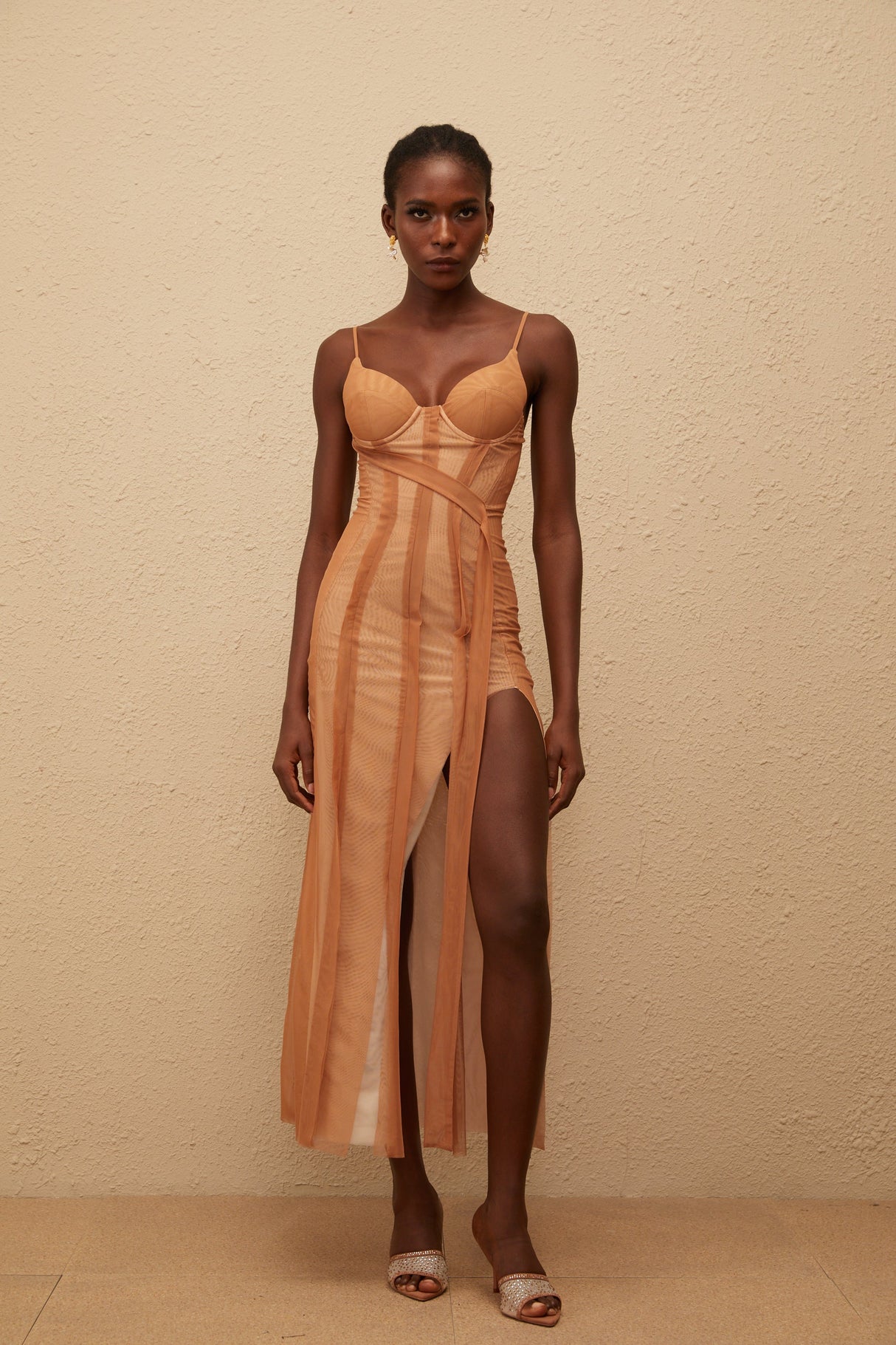 Aurohaya Roxane Brown Asymmetrical Tulle Maxi Dress