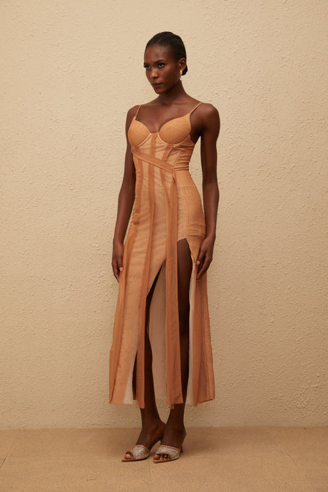 Aurohaya Roxane Brown Asymmetrical Tulle Maxi Dress