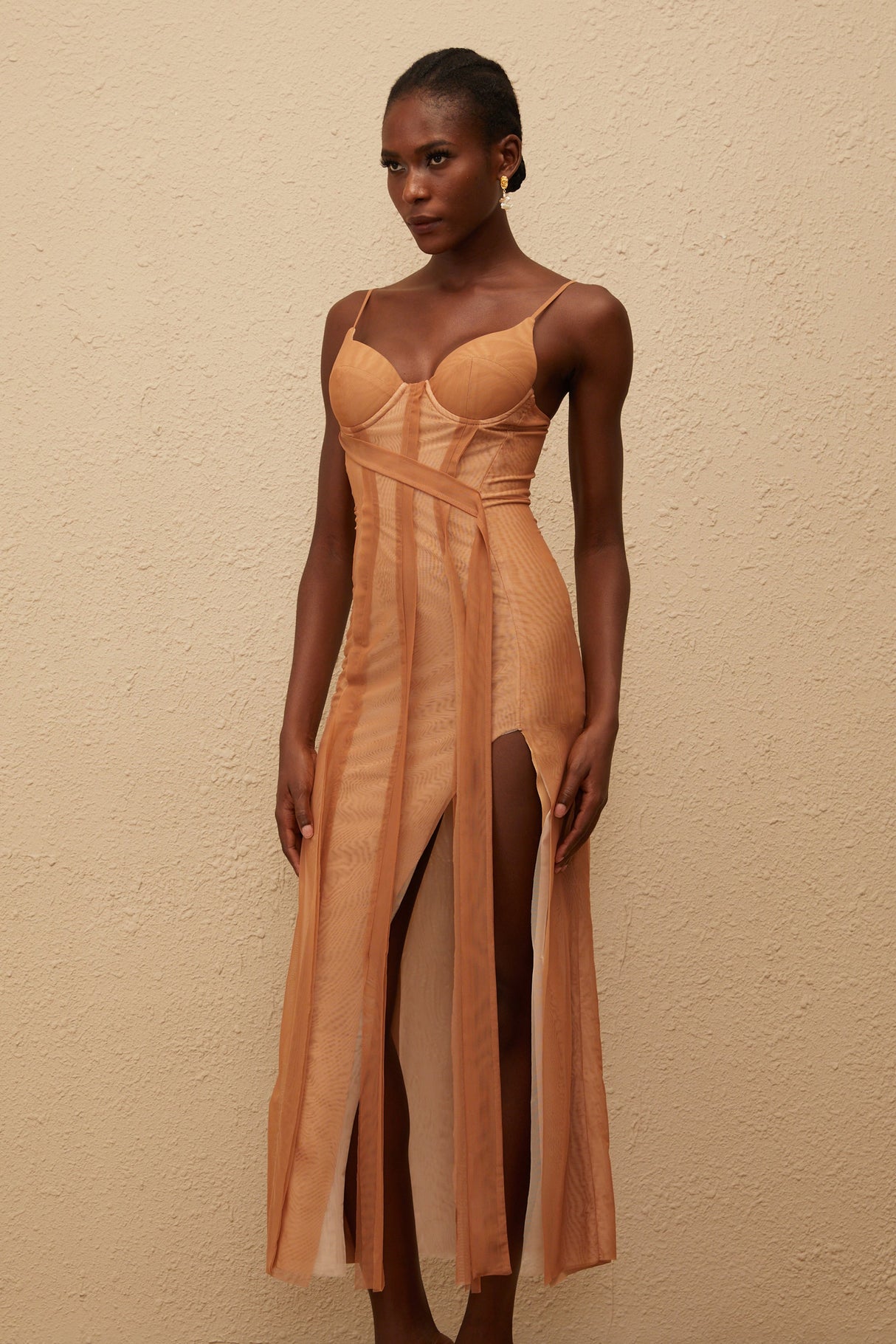 Aurohaya Roxane Brown Asymmetrical Tulle Maxi Dress