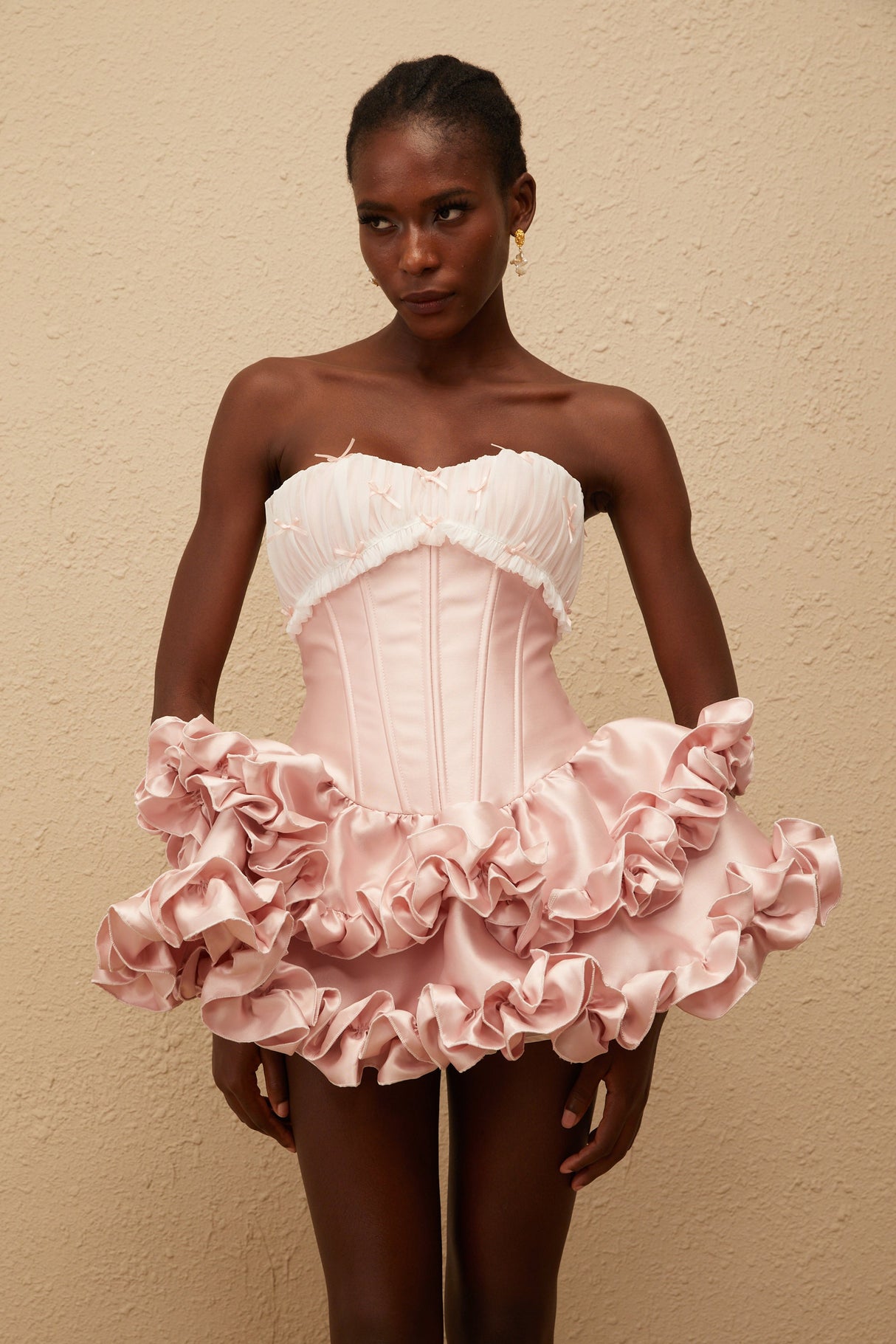 Aurohaya Laurine Pink Ruffled Satin Mini Dress