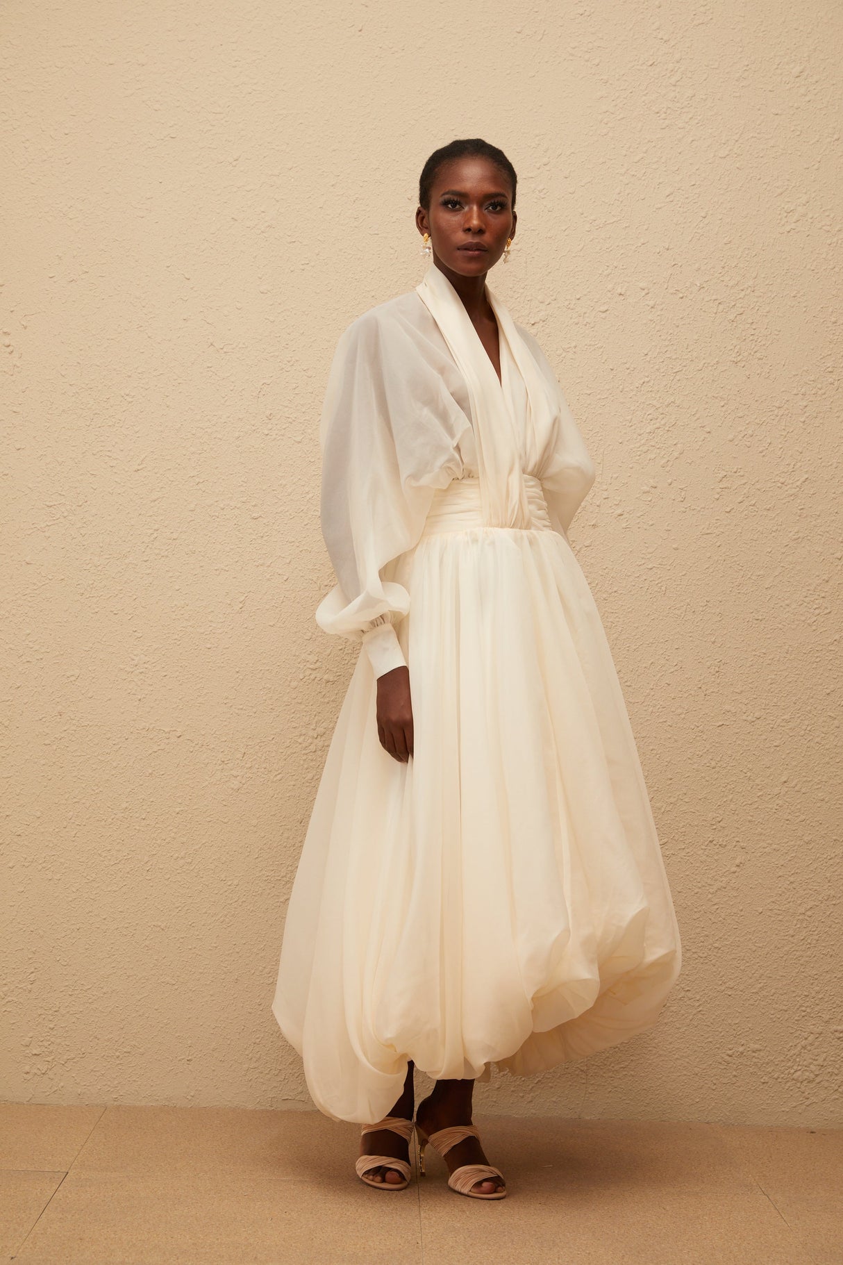 Aurohaya Riley Cream White Draped Tulle Maxi Dress
