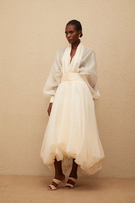 Aurohaya Riley Cream White Draped Tulle Maxi Dress