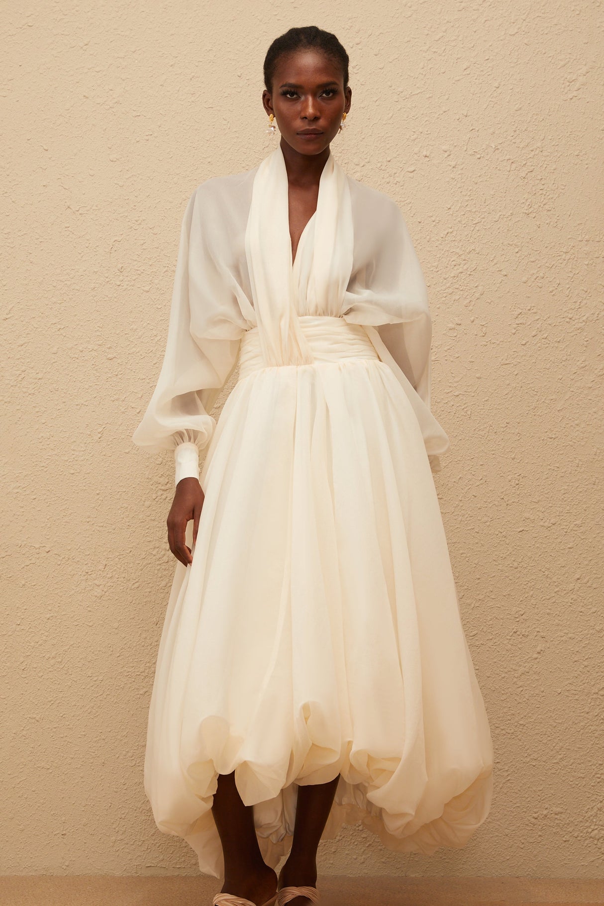 Aurohaya Riley Cream White Draped Tulle Maxi Dress