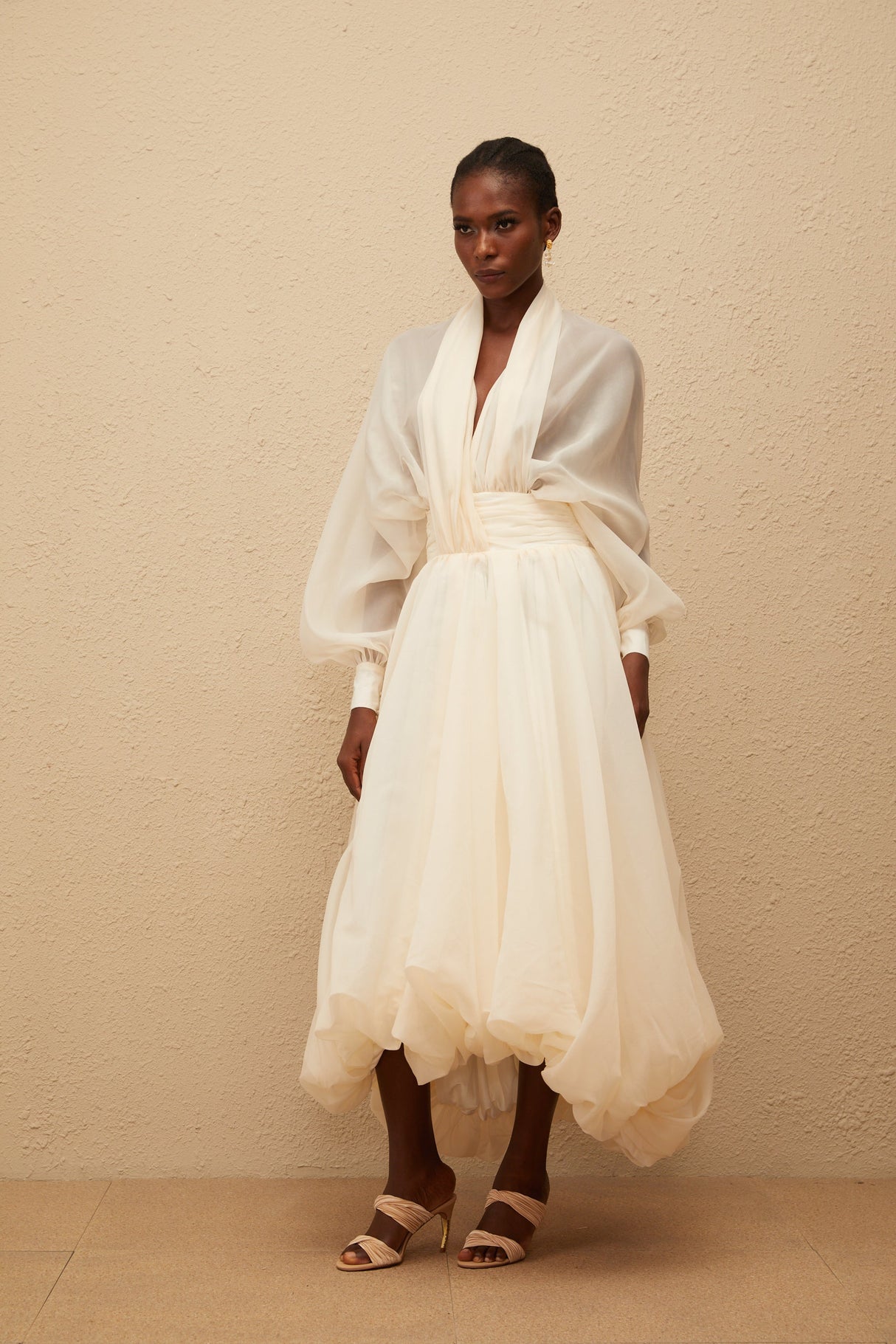 Aurohaya Riley Cream White Draped Tulle Maxi Dress