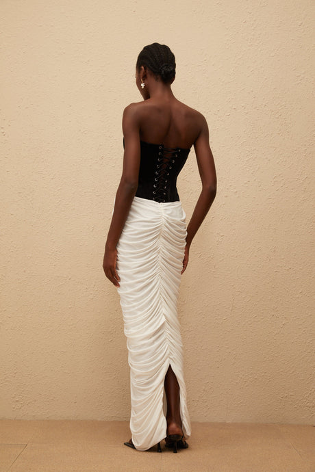 Aurohaya Iris Black Velvet Panel Ruched Maxi Dress