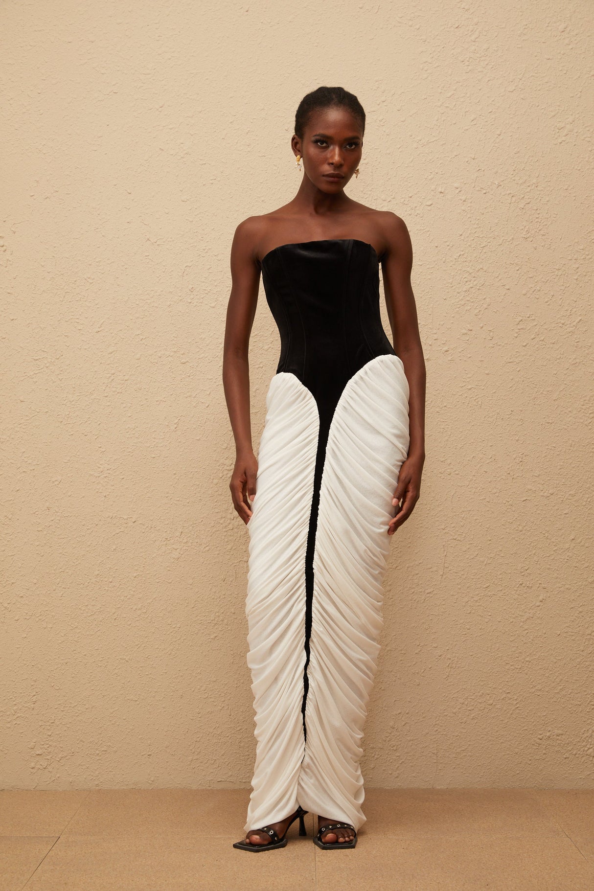 Aurohaya Iris Black Velvet Panel Ruched Maxi Dress