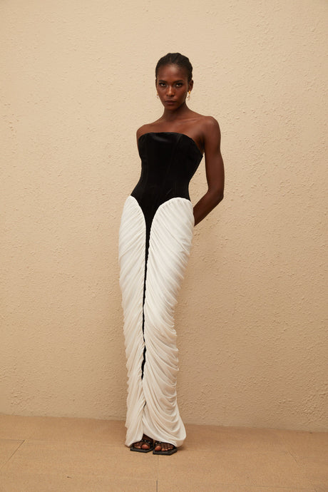 Aurohaya Iris Black Velvet Panel Ruched Maxi Dress