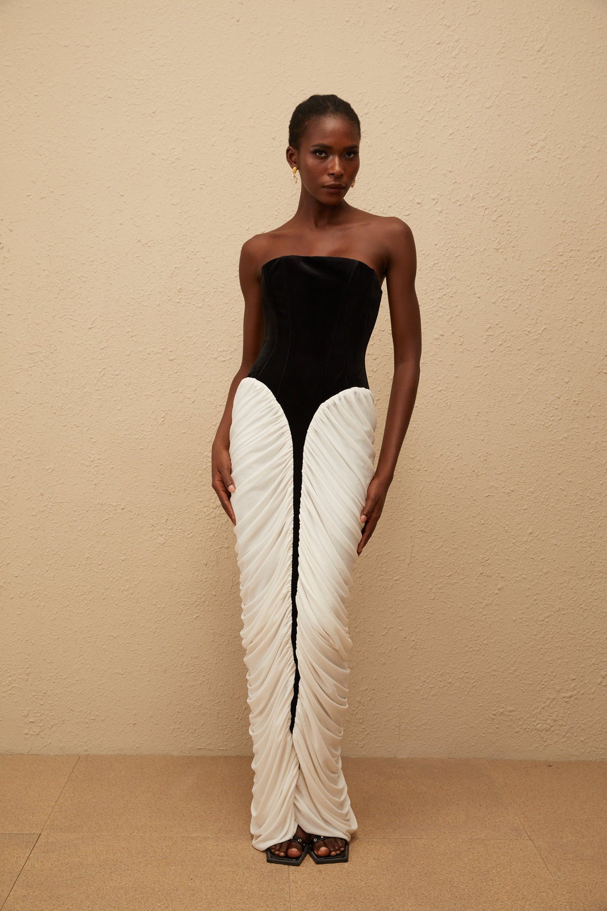 Aurohaya Iris Black Velvet Panel Ruched Maxi Dress