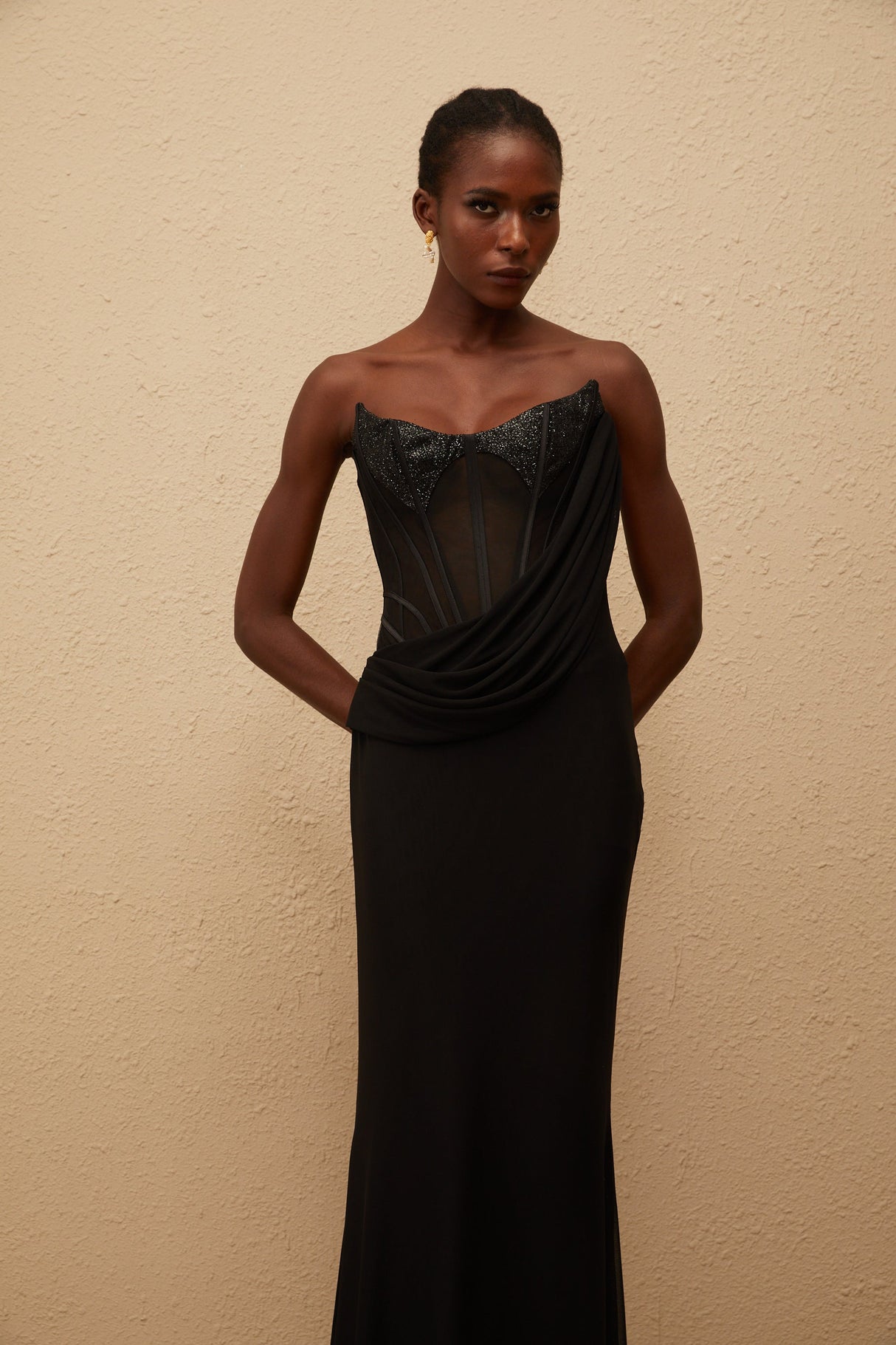 Aurohaya Scarlett Black Panelled Corset Maxi Dress