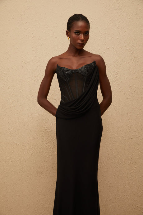 Aurohaya Scarlett Black Panelled Corset Maxi Dress