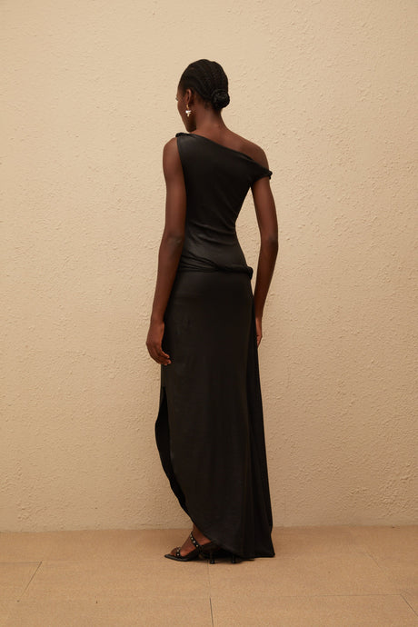 Aurohaya Samantha Black Asymmetrical Gathered Maxi Dress