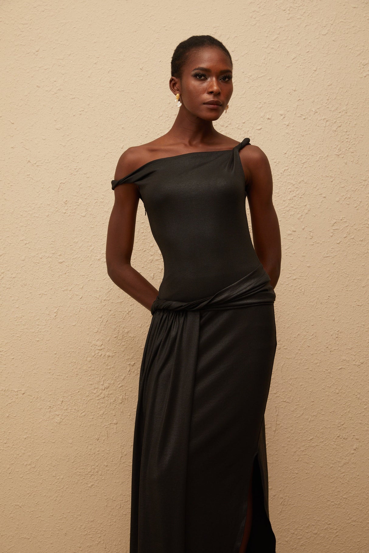 Aurohaya Samantha Black Asymmetrical Gathered Maxi Dress
