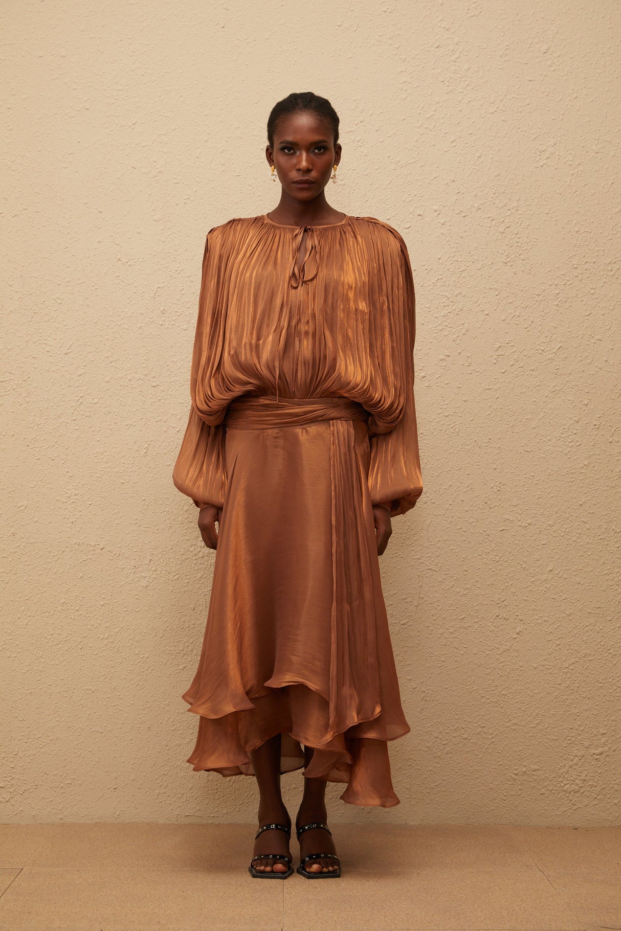 Aurohaya Eugénie Pleated Ruffle Maxi Dress in Brown