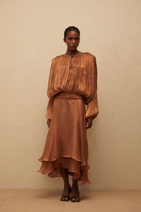 Aurohaya Eugénie Pleated Ruffle Maxi Dress in Brown