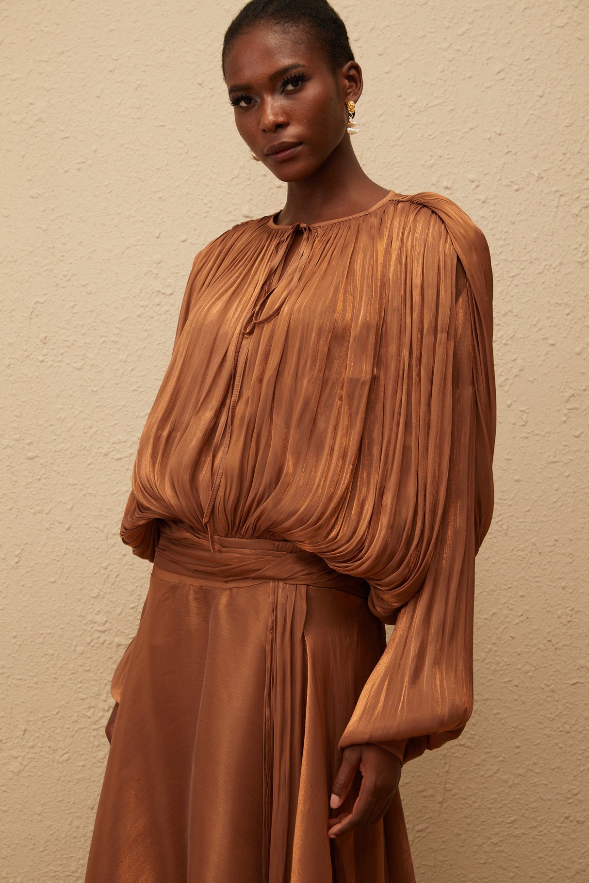Aurohaya Eugénie Pleated Ruffle Maxi Dress in Brown