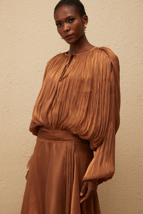 Aurohaya Eugénie Pleated Ruffle Maxi Dress in Brown