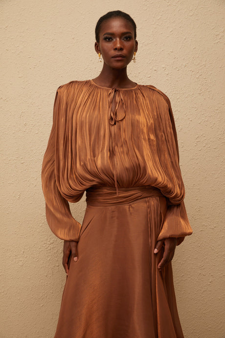Aurohaya Eugénie Pleated Ruffle Maxi Dress in Brown