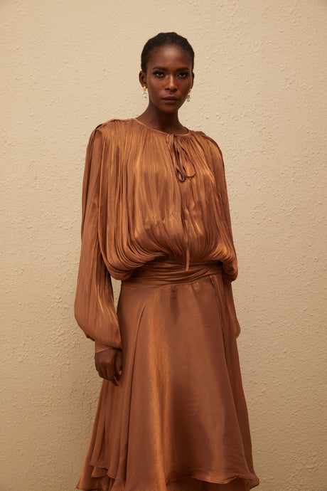Aurohaya Eugénie Pleated Ruffle Maxi Dress in Brown