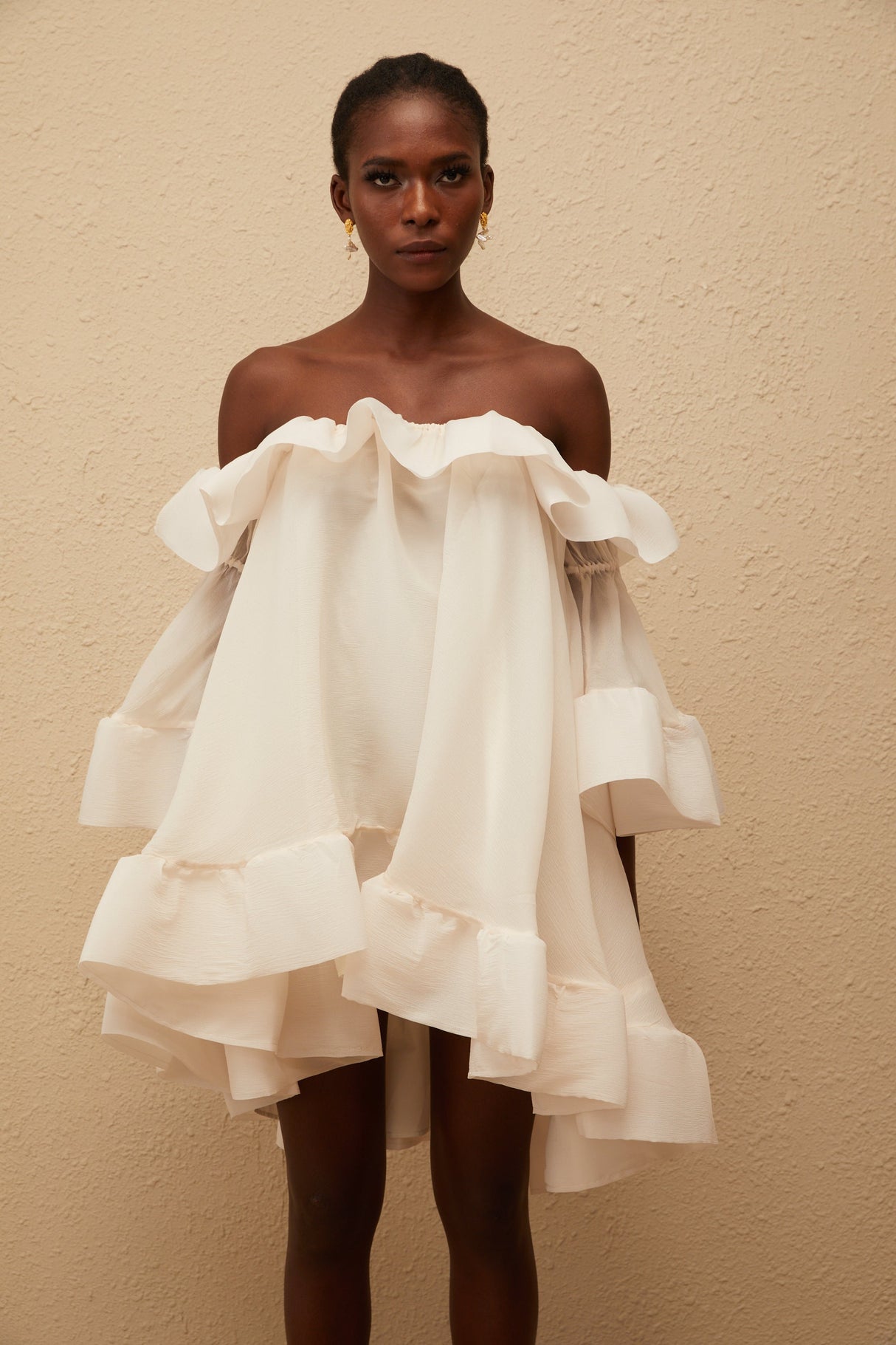 Aurohaya Flavie White Off Shoulder Ruffled Mini Dress
