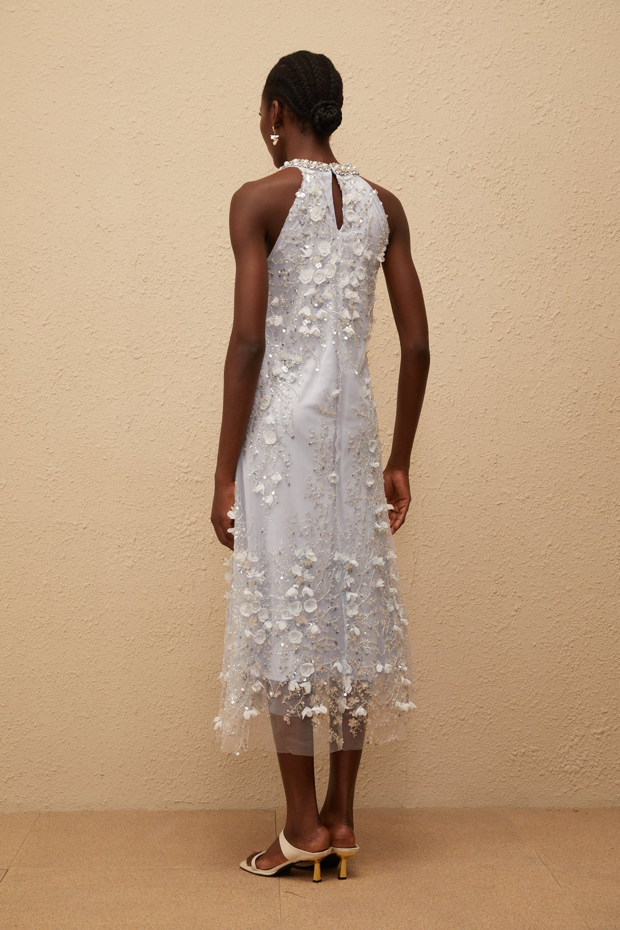 Aurohaya Quitterie Blue Embellished Floral Tulle Midi Dress