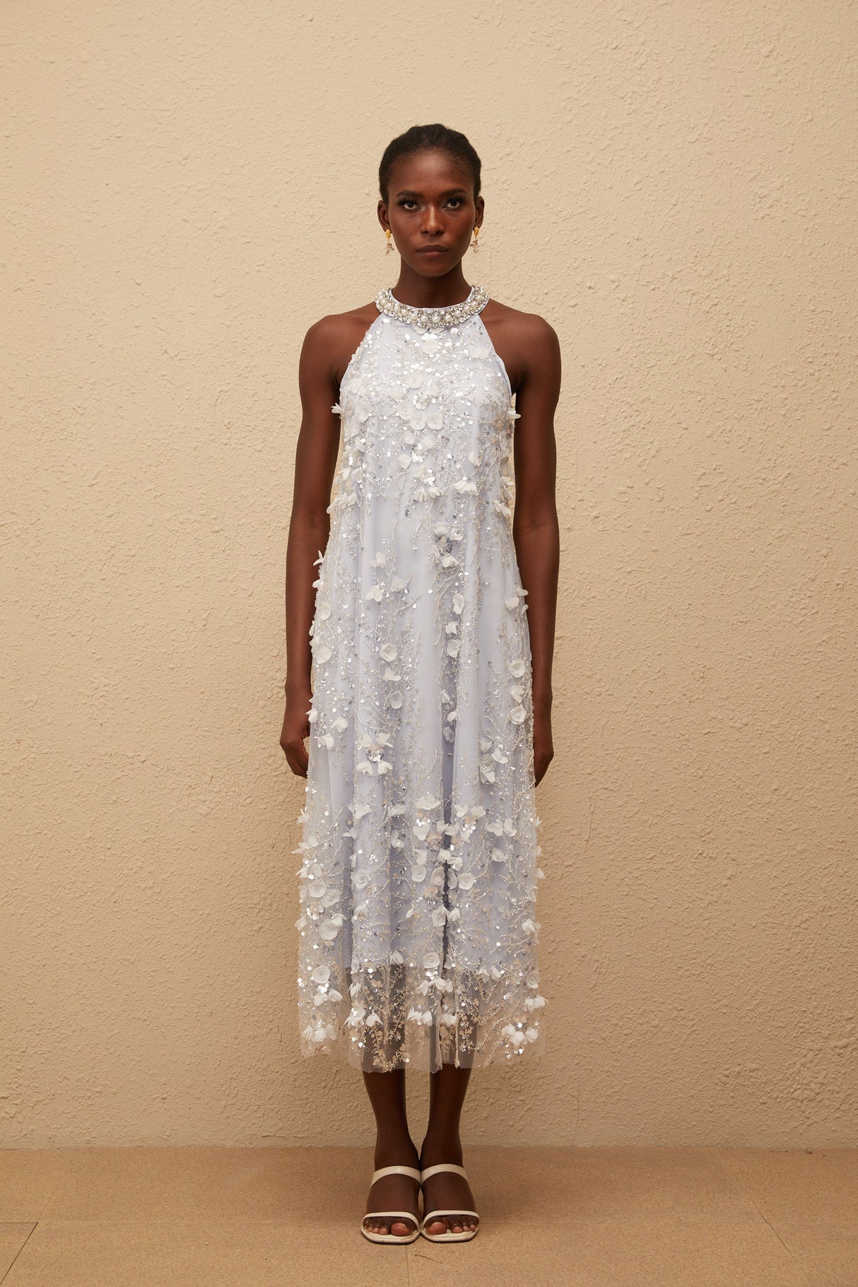 Aurohaya Quitterie Blue Embellished Floral Tulle Midi Dress