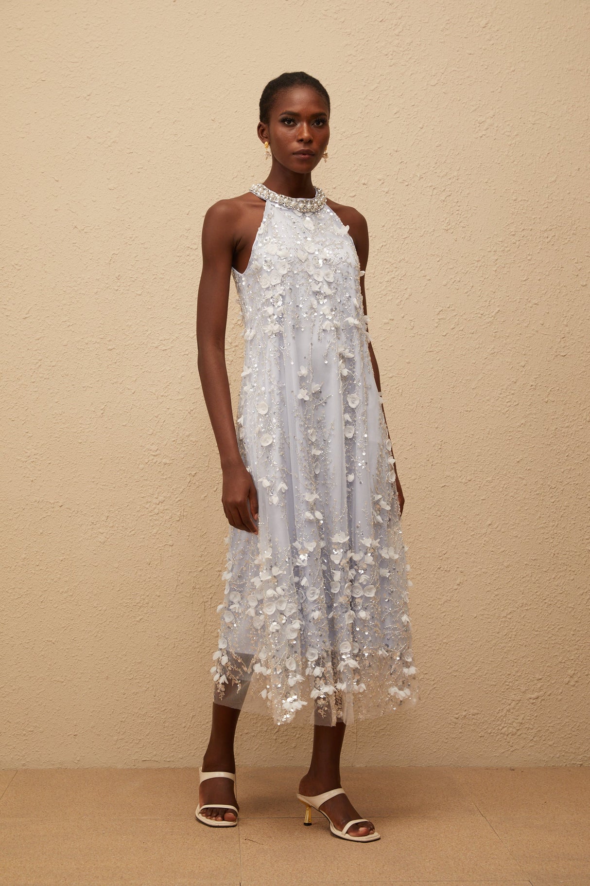 Aurohaya Quitterie Blue Embellished Floral Tulle Midi Dress