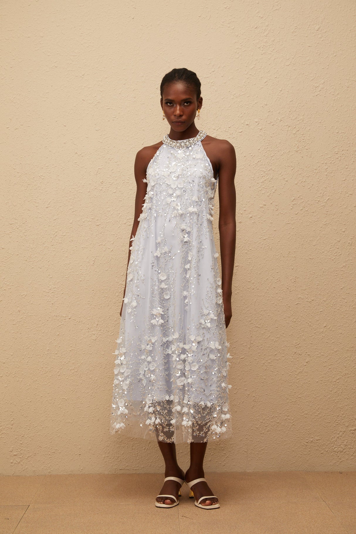 Aurohaya Quitterie Blue Embellished Floral Tulle Midi Dress