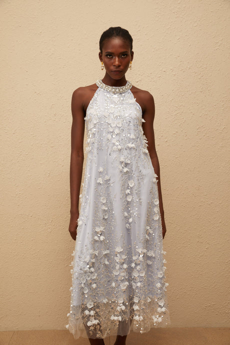 Aurohaya Quitterie Blue Embellished Floral Tulle Midi Dress