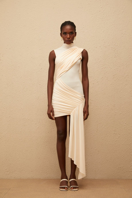 Aurohaya Géraldine Neutral Asymmetrical Ruched Mini Dress