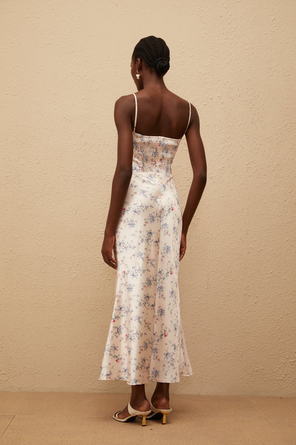 Aurohaya Angeliki White Floral Print Satin Maxi Dress