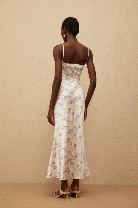 Aurohaya Angeliki White Floral Print Satin Maxi Dress