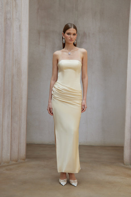 Aurohaya Adélade Yellow Ruched Satin Corset Maxi Dress