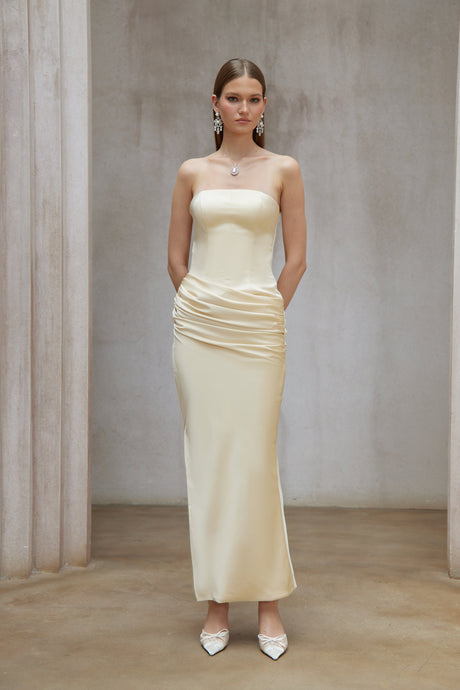 Aurohaya Adélade Yellow Ruched Satin Corset Maxi Dress